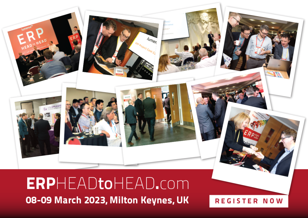 The Lumenia ERP HEADtoHEAD™ will return as an in-person event for 2023, taking place on 8-9 March in the DoubleTree by Hilton, Milton Keynes. 