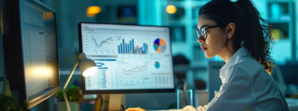 A woman engaged with a computer, analyzing data for expense optimization strategies.